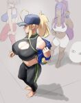  1other 3girls ahoge artoria_pendragon_(all) barefoot baseball_cap bike_shorts black_sports_bra blonde_hair blue_jacket breasts cleavage cleavage_cutout clothing_cutout dark-skinned_female dark_skin english_commentary eu03 exercise fate/grand_order fate_(series) hat highres hot huge_ahoge huge_breasts jacket large_breasts long_hair medjed_(fate) miyamoto_musashi_(fate) multiple_girls mysterious_heroine_xx_(fate) nitocris_(fate) off_shoulder open_clothes open_jacket pants ponytail purple_hair short_ponytail sidelocks solo_focus sports_bra stretch sweat thick_thighs thighs wristband yoga_pants 