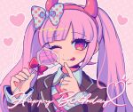  1girl bangs blunt_bangs bow brown_jacket candy closed_mouth collared_shirt commentary_request danganronpa_(series) danganronpa_another_episode:_ultra_despair_girls eyebrows_visible_through_hair fake_horns food green_bow hair_bow hands_up happy_birthday heart holding horns index_finger_raised jacket lollipop long_hair long_sleeves looking_at_viewer notice_lines one_eye_closed outline pink_eyes pink_hair polka_dot polka_dot_bow sasakama_(sasagaki01) shirt simple_background solo tongue tongue_out twintails upper_body utsugi_kotoko white_outline 