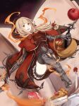  1girl apple armored_boots aya_(jhisaishi) bangs basket blonde_hair blunt_bangs book boots bow bread cape elbow_gloves eyebrows_visible_through_hair fire food fruit gloves hair_ornament hair_ribbon hairclip happy highres holding holding_basket hood hood_down knife little_red_riding_hood_(sinoalice) long_hair meat open_mouth orange_eyes ribbon shorts sinoalice solo thighhighs zettai_ryouiki 