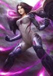  1girl armor artist_name artstation_username bodysuit brown_hair clenched_hands energy energy_wings facial_hair feet_out_of_frame fighting_stance firing floating_hair highres isaac_liew kai&#039;sa league_of_legends long_hair parted_lips purple_eyes shoulder_armor smile solo teeth 