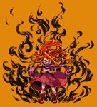  1girl child commentary_request crossed_arms dress fire floating_hair glaring hatching_(texture) highres long_hair looking_at_viewer momochichi77 open_mouth orange_background orange_hair original pointy_ears purple_scarf red_dress red_eyes red_footwear scarf short_sleeves solo standing straight-on v-shaped_eyebrows wide_shot 