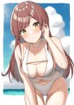  1girl absurdres adjusting_hair bare_shoulders bent_over breasts brown_hair chain_between_breasts cleavage cleavage_cutout clothing_cutout eyebrows_visible_through_hair halterneck hanging_breasts highleg highleg_swimsuit highres huge_filesize idolmaster idolmaster_shiny_colors leaning_forward looking_at_viewer navel navel_cutout oosaki_amana shiny shiny_hair swimsuit thigh_gap thighs wanimaru white_swimsuit yellow_eyes 