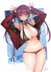  bare_shoulders bikini black_bikini breasts cleavage collar curvy eyebrows_visible_through_hair highres hololive houshou_marine jacket jacket_partially_removed jewelry large_breasts legs_together multicolored multicolored_eyes navel playing_with_own_hair plump red_hair rib:y(uhki) smile splashing swimsuit thick_thighs thighs twintails unzipped wet 