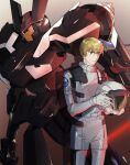  1boy blonde_hair blue_eyes brave_commander_test_type graham_aker gundam gundam_00 headwear_removed helmet helmet_removed highres holding holding_helmet leaning_forward male_focus mecha mobile_suit nanao_parakeet pilot_suit visor 