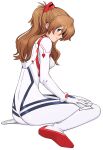  1girl ass bangs blue_eyes bodysuit breasts brown_hair evangelion:_3.0+1.0_thrice_upon_a_time eyepatch hair_ornament hairpods hand_on_floor hand_on_thigh highres kneeling long_hair looking_at_viewer multicolored multicolored_bodysuit multicolored_clothes neon_genesis_evangelion pilot_suit plugsuit rebuild_of_evangelion shigenobu simple_background sitting small_breasts smile solo souryuu_asuka_langley white_background white_bodysuit 