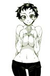  1girl breasts closed_mouth copyright_request greyscale highres kusanagi_tonbo large_breasts looking_at_viewer monochrome pants short_hair smile solo source_request very_short_hair 
