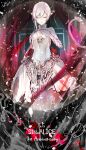  1girl bangs breasts cleavage closed_eyes closed_mouth dress flower gloves hair_between_eyes hand_on_own_chest highres ika_syuri long_hair long_sleeves petals ponytail red_flower red_rose rose sinoalice snow_white_(sinoalice) solo white_dress white_gloves white_hair 