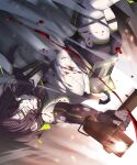  1girl bandana belt black_gloves black_hair blood blood_splatter breasts cinders crop_top elbow_gloves explosion falling fingerless_gloves firing girls&#039;_frontline gloves glowing_lines green_eyes green_trim grin gun highres holding holding_gun holding_knife holding_weapon knife long_hair looking_at_viewer low-tied_long_hair low_twintails mac-10 mac-10_(girls&#039;_frontline) motion_blur rabb_horn shadow short_shorts shorts small_breasts smile solo stitches submachine_gun thick_thighs thigh_pouch thigh_strap thighs torn_clothes twintails upside-down weapon 