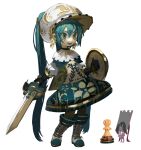  1girl aqua_eyes aqua_footwear aqua_hair bangs black_gloves black_hair blush boots capelet commentary dress english_commentary floral_print gloves gold_trim grin hair_between_eyes hat hatsune_miku highres holding holding_shield holding_sword holding_weapon long_hair multicolored multicolored_clothes multicolored_eyes multicolored_footwear multicolored_headwear pawn_(chess) puffy_sleeves reference_photo_inset shield sidelocks simple_background smile sword tied_hair topdylan triangle_mouth twintails upper_teeth very_long_hair vocaloid weapon white_background white_eyes white_footwear white_headwear yellow_eyes yellow_headwear 