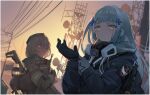 2girls adjusting_clothes adjusting_gloves agent_416_(girls&#039;_frontline) armband asymmetrical_gloves bangs black_gloves black_jacket blue_eyes blue_hair blurry blurry_background brown_coat character_request closed_mouth coat commentary crossed_arms dusk dutch_angle eyebrows_visible_through_hair frown girls&#039;_frontline gloves grey_gloves grey_hair gun hair_ornament highres hk416_(girls&#039;_frontline) jacket long_hair long_sleeves looking_at_viewer mask mask_around_neck mismatched_gloves multiple_girls outdoors power_lines satellite_dish short_hair siguma_(13238772100) sunset transmission_tower upper_body utility_pole weapon weapon_on_back weapon_request x_hair_ornament 