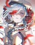  1girl blood bloody_clothes braid breasts cleavage eyebrows_visible_through_hair grey_eyes hair_ornament hood hood_up kyashii_(a3yu9mi) looking_at_viewer open_mouth petals sad sidelocks signature silver_hair sinoalice snow_white_(sinoalice) solo torn_hoodie 