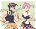  1boy 1girl bare_shoulders black_hair blue_eyes breasts choker cleavage clenched_hands closed_eyes grin hairband happy jojo_no_kimyou_na_bouken medium_breasts midriff musical_note narancia_ghirga open_mouth pink_hair pointing short_hair skirt smile staff_(music) trish_una vento_aureo wristband yepnean 