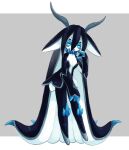  1girl absurdly_long_hair animal_ears black_skin blue_eyes blue_hair blue_theme cephalopod_eyes colored_skin fewer_digits full_body grey_background hair_between_eyes hand_up horns long_hair looking_at_viewer masyu_ori monster_girl multicolored multicolored_skin no_feet original parted_lips solo tentacle_hair two-tone_skin very_long_hair white_skin 