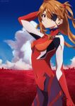  1girl :o absurdres arm_behind_head bangs blue_sky bodysuit breasts cloud covered_navel cowboy_shot dated eyepatch floating_hair from_side hair_between_eyes hair_ornament highres horizon huge_filesize looking_at_viewer neon_genesis_evangelion orange_hair parted_lips plugsuit purple_eyes red_bodysuit shimayo_(4md4ut) skin_tight sky small_breasts solo souryuu_asuka_langley tight wasteland 