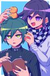  2boys :d ahoge bangs black_hair black_scarf blue_background book border buttons checkered checkered_neckwear checkered_scarf danganronpa_(series) danganronpa_v3:_killing_harmony double-breasted food food_on_head fruit green_hair grey_border grey_scarf hair_between_eyes holding long_sleeves male_focus multicolored_hair multiple_boys object_on_head open_book open_mouth orange_(food) ouma_kokichi pink_hair purple_eyes purple_hair saihara_shuuichi sasakama_(sasagaki01) scarf shiny shiny_hair smile straitjacket striped_jacket two-tone_hair 