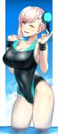  1girl asymmetrical_hair bangs black_swimsuit blue_eyes blue_swimsuit breasts bun_cover competition_swimsuit covered_navel fate/grand_order fate_(series) hair_bun hal-bard highleg highleg_swimsuit highres large_breasts long_hair miyamoto_musashi_(fate) miyamoto_musashi_(swimsuit_berserker)_(fate) multicolored multicolored_clothes multicolored_swimsuit one-piece_swimsuit one_eye_closed pink_hair single_hair_intake single_sidelock solo swept_bangs swimsuit two-tone_swimsuit 