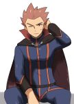  1boy arm_behind_head black_cape blue_jacket blue_pants brown_eyes cape closed_mouth commentary_request frown highres jacket lance_(pokemon) light_blush long_sleeves male_focus one_eye_closed pants pectorals pokemon pokemon_(game) pokemon_hgss popped_collar saon101 sitting solo spiked_hair spread_legs sweatdrop white_background 