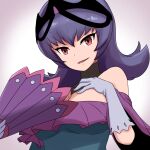 1girl bangs bellelba_(pokemon) breasts cleavage commentary_request dress eyelashes fan gloves green_dress grey_gloves hair_between_eyes hand_up highres holding holding_fan long_hair off-shoulder_dress off_shoulder pokemon pokemon_(game) pokemon_bw2 purple_hair red_eyes saon101 smile solo tiara upper_body 