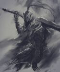  1boy armor artorias_the_abysswalker commentary dark_souls_i english_commentary facing_viewer fighting_stance full_armor gauntlets helmet highres holding holding_sword holding_weapon male_focus pauldrons plume shimhaq shoulder_armor solo souls_(series) standing sword weapon 
