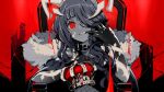  1girl animal_ears bad_id bad_twitter_id bangs barbed_wire black_nails blood blunt_bangs bo.ok body_markings cape choker crown fangs finger_in_mouth fishnets fur_trim grey_hair grin hair_over_one_eye highres hood hood_down little_red_riding_hood_(sinoalice) looking_at_viewer low_twintails red_eyes sinoalice smile solo thrown twintails wavy_hair 