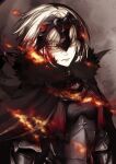  1girl armor armored_dress black_cape black_dress cape dress fate/grand_order fate_(series) frown headpiece highres jeanne_d&#039;arc_(alter)_(fate) jeanne_d&#039;arc_(fate)_(all) looking_at_viewer no_mae_(mikakatachi) parted_lips short_hair silver_hair sketch solo upper_body yellow_eyes 