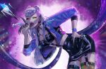  claws cropped_jacket demon_girl evelynn_(league_of_legends) garter_straps highres jacket jewelry league_of_legends long_hair looking_at_viewer open_clothes sayakajou shiny shiny_clothes silver_hair skirt the_baddest_evelynn thighhighs tongue tongue_out yellow_eyes 