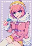  1girl andou_ruruka arm_support bangs blush breasts commentary_request cowboy_shot danganronpa_(series) danganronpa_3_(anime) eyebrows_visible_through_hair food fur-trimmed_jacket fur_trim hand_up hat heart holding holding_food invisible_chair jacket large_breasts long_sleeves looking_at_viewer orange_headwear orange_shorts pink_hair pink_jacket sasakama_(sasagaki01) shiny shiny_hair short_hair short_shorts shorts sitting solo thighhighs tongue tongue_out white_legwear yellow_shorts 
