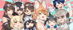  6+girls animal_ears antelope_ears antelope_horns aqua_eyes australian_devil_(kemono_friends) bangs bare_shoulders behind_another black_hair blackbuck_(kemono_friends) blonde_hair blowhole blue_hair bow bowtie brown_eyes brown_hair burikarun captain_(kemono_friends) commentary_request common_dolphin_(kemono_friends) common_raccoon_(kemono_friends) d: detached_sleeves dhole dog_ears dorsal_fin extra_ears eyebrows_visible_through_hair eyepatch eyes_visible_through_hair fennec_(kemono_friends) fist_pump fox_ears furrowed_brow glasses gloves grey_hair hair_between_eyes hair_over_one_eye half-closed_eyes highres holding holding_clothes kemono_friends kemono_friends_3 lipstick long_hair looking_at_another looking_at_viewer makeup medical_eyepatch medium_hair meerkat_(kemono_friends) meerkat_ears multicolored_hair multiple_girls one_eye_covered open_mouth own_hands_together parted_bangs pinky_out purple_lips raccoon_ears red_eyes shirt sidelocks sleeveless sleeveless_shirt sweatdrop sweater swept_bangs tasmanian_devil_(kemono_friends) tasmanian_devil_ears tearing_up two-tone_hair upper_body v-shaped_eyebrows 