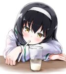  aeoso black_hair commentary_request crossed_arms cup drinking_glass drinking_straw drinking_straw_in_mouth eyebrows_visible_through_hair girls_und_panzer hairband head_on_arm head_tilt leaning_on_table long_sleeves milk ooarai_school_uniform reizei_mako resting school_uniform shirt white_background white_hairband white_shirt yellow_eyes 