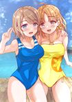  2girls ahoge blue_eyes blue_sky blue_swimsuit braid casual_one-piece_swimsuit cloud commentary_request competition_swimsuit cowboy_shot fushimi_asuha grey_hair highres looking_at_viewer love_live! love_live!_sunshine!! multiple_girls one-piece_swimsuit orange_hair red_eyes ribbon short_hair side_braid sky swimsuit takami_chika v watanabe_you yellow_ribbon yellow_swimsuit 