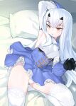  1girl arm_behind_head arm_up armpits bangs black_gloves blue_dress breasts brown_eyes dress fairy_knight_lancelot_(fate) fate/grand_order fate_(series) frills gloves henry_bird_9 long_hair long_sleeves looking_to_the_side on_bed open_mouth pillow sidelocks small_breasts solo thighhighs thighs white_hair white_legwear 