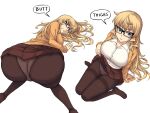  1girl ass bespectacled black-framed_eyewear black_legwear blonde_hair blue_eyes breasts brown_skirt collar collarbone commentary english_commentary english_text furi2play! glasses highres jacket kneeling large_breasts long_hair looking_at_viewer margit_hartmann multiple_views open_mouth orange_jacket panties pantyhose peach_(momozen) shirt simple_background skirt solo speech_bubble thighs underwear very_long_hair white_background white_shirt 