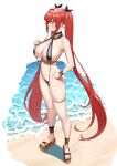  1girl bangle beach black_ribbon black_swimsuit blue_eyes blush bracelet breasts cleavage clenched_hand closed_mouth embarrassed eyebrows_visible_through_hair frown full_body hair_between_eyes hair_ribbon hand_on_hip hand_on_own_chest hasutaro_stream highres jewelry large_breasts last_origin long_hair may_of_doom mole mole_on_breast navel ocean platform_footwear red_hair revealing_clothes ribbon sandals skindentation slingshot_swimsuit solo standing swimsuit toes twintails very_long_hair 