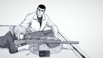  1boy aiming alma01 ammunition_box backpack bag duke_tougou golgo_13 gun holding holding_weapon hood hoodie m110_sass original ponytail rifle rooftop scope shell_casing sniper_rifle sniping stomach suppressor weapon 