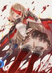  1girl absurdres bandages bangs blonde_hair blood blood_splatter bloody_bandages blunt_bangs boots buckle cape dress eyepatch fang fur_trim grey_background happy highres holding holding_weapon hood little_red_riding_hood_(sinoalice) long_hair looking_at_viewer multiple_views nomi_(kurocxx110) one_eye_covered open_mouth scratches sidelocks simple_background sinoalice solo thigh_boots thighhighs torn_cape torn_clothes turnaround wavy_hair weapon 