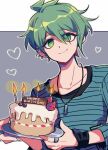  1boy amami_rantarou antenna_hair bangs birthday_cake bracelet cake candle candlelight closed_mouth commentary_request danganronpa_(series) danganronpa_v3:_killing_harmony ear_piercing earrings food fruit green_eyes green_hair grey_background hair_between_eyes happy_birthday heart jewelry long_sleeves looking_at_viewer male_focus necklace piercing plate ring sasakama_(sasagaki01) shiny shiny_hair shirt short_hair smile solo strawberry striped striped_shirt upper_body 