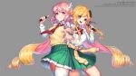  2girls bangs blonde_hair brown_eyes character_name clothes_around_waist colored_inner_hair copyright_name green_eyes green_skirt highres holding holding_microphone indie_virtual_youtuber lion_(macross_frontier) macross macross_frontier microphone multicolored_hair multiple_girls narae_(vtuber) nijisanji nijisanji_kr open_hand open_hands open_mouth pink_hair rewolf school_uniform seffyna side_bun skirt smile sweater sweater_around_waist thighhighs virtual_youtuber yellow_sweater 