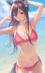  1girl animal_ears arms_up beach bikini black_hair blue_sky breasts cleavage cloud collarbone commentary_request cowboy_shot day highres horizon horse_ears horse_girl horse_tail huziko32 large_breasts looking_at_viewer mejiro_dober_(umamusume) mouth_hold navel ocean outdoors ponytail red_bikini side-tie_bikini sky solo swimsuit tail umamusume 