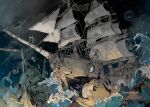  1boy 3others anchor artist_name chain cloud commentary_request damaged demizu_posuka multiple_others open_mouth original shark_print ship skull tongue watercraft waves 