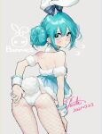  1girl 2021 adjusting_clothes adjusting_leotard animal_ears aqua_eyes aqua_nails arm_behind_back armband ass bare_arms bare_back bare_shoulders bicute_bunnies_miku black_ribbon closed_mouth clothes_tug contrapposto cowboy_shot dated double_bun english_text eyelashes fake_animal_ears fingernails fishnet_legwear fishnets flying_sweatdrops frilled_cuffs frills from_behind frown fur_trim furrowed_brow glitter grey_background hair_between_eyes hand_on_own_leg hatsune_miku highres leotard light_blush looking_afar looking_back no_nose pecchii pout rabbit_ears rabbit_tail ribbon shy sidelocks signature simple_background solo tail tareme vocaloid white_leotard wrist_cuffs 