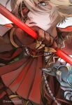  1boy blonde_hair blue_eyes cape carrier_of_disaster cravat gauntlets grimms_notes highres holding holding_weapon looking_at_viewer male_focus mask_over_one_eye red_pupils scepter short_hair solo twitter_username upper_body wawosuke02 weapon white_background 