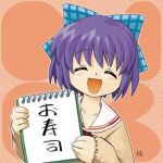  1girl artist_name bow checkered checkered_bow closed_eyes commentary hair_bow holding holding_sketchbook hone_(boneta_hone) kouzuki_mio long_sleeves lowres one open_mouth purple_hair school_uniform short_hair sign signature sketchbook sleeves_past_wrists smile solo translated upper_body 