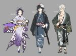  1girl 2boys bangs black_hair blue_eyes butterfly_hair_ornament character_name checkered closed_mouth fan grey_background hair_between_eyes hair_ornament highres holding holding_fan japanese_clothes katana kimetsu_no_yaiba kimono kochou_shinobu long_hair mask mask_on_head multicolored_hair multiple_boys obi papajay_(jennygin2) purple_eyes purple_hair sash scar scar_on_chest scar_on_face sheath sheathed shinazugawa_sanemi simple_background standing sword tomioka_giyuu weapon white_hair wide_sleeves 