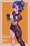  1girl artist_name asymmetrical_clothes asymmetrical_legwear bandaid bandaid_on_cheek bandaid_on_knee bangs belt black_gloves black_ribbon blue_eyes blue_hair border brown_belt brown_pants bulma character_name closed_mouth clothes_writing copyright_name dragon_ball dragon_ball_(classic) dragon_radar expressionless eyebrows_visible_through_hair fanny_pack feet_out_of_frame gloves goggles goggles_around_neck grey_border hair_ribbon hand_to_own_mouth hand_up highres hikareki holding knee_pads legs_apart looking_down medium_hair one_side_up orange_background pants ribbon shiny shiny_hair shirt shirt_tucked_in short_sleeves simple_background single_pantsleg solo standing swept_bangs torn_clothes uneven_legwear white_shirt 