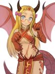  1girl animal_hands blonde_hair blue_eyes blush bow breasts claws commentary dragon_(monster_girl_encyclopedia) dragon_girl dragon_wings english_commentary glasses hair_bow highres horns long_hair looking_at_viewer medium_breasts monster_girl monster_girl_encyclopedia navel paws pelvic_curtain pink_bow scales simple_background solo sookmo tail tiara white_background wings 