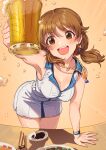  1girl :d alcohol arm_support armpits bangs bare_shoulders beer beer_mug belt blush bracelet breasts brown_eyes brown_hair chopsticks cleavage collarbone commentary_request cowboy_shot cup dress earrings eyebrows_visible_through_hair foam food holding holding_cup idolmaster idolmaster_cinderella_girls jewelry kamille_(vcx68) katagiri_sanae leaning_forward long_hair looking_at_viewer low_twintails medium_breasts mug necklace open_mouth orange_background outstretched_arm plate short_dress short_twintails sleeveless sleeveless_dress smile solo standing table twintails white_belt white_dress 