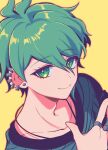  1boy amami_rantarou antenna_hair bangs closed_mouth collarbone commentary_request danganronpa_(series) danganronpa_v3:_killing_harmony ear_piercing earrings eyebrows_visible_through_hair face green_eyes green_hair hair_between_eyes jewelry looking_at_viewer male_focus necklace piercing ring sasakama_(sasagaki01) shiny shiny_hair shirt short_hair simple_background smile solo striped striped_shirt stud_earrings upper_body yellow_background 