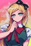  1girl arm_at_side back_bow bangs black_bow blonde_hair blue_eyes blush bow breasts commentary_request danganronpa_(series) danganronpa_v3:_killing_harmony dress green_dress green_eyes hair_bow hair_ornament hand_up large_breasts long_hair looking_at_viewer orange_background outline pink_background ponytail puffy_short_sleeves puffy_sleeves red_bow red_neckwear sasakama_(sasagaki01) shiny shiny_hair shirt short_sleeves smile solo sonia_nevermind upper_body white_outline white_shirt 