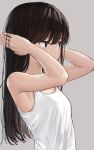  1girl adjusting_hair arms_up bare_shoulders black_eyes black_hair blush breasts grey_background hair_tie hands_in_hair highres long_hair original simple_background small_breasts solo tank_top tying_hair upper_body white_tank_top zuima 