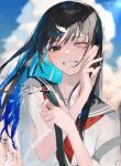  1girl bad_hands black_eyes black_hair black_sailor_collar blue_hair blue_sky blurry blurry_background cloud colored_inner_hair commentary_request day eyebrows_visible_through_hair fingernails grin hands_up heterochromia highres holding holding_hose hose long_hair looking_at_viewer multicolored_hair neckerchief original outdoors parted_lips pink_nails red_neckwear sailor_collar school_uniform serafuku shirt short_sleeves sky smile solo two-tone_hair upper_body water_drop white_eyes white_shirt wind zumi_(neronero126) 